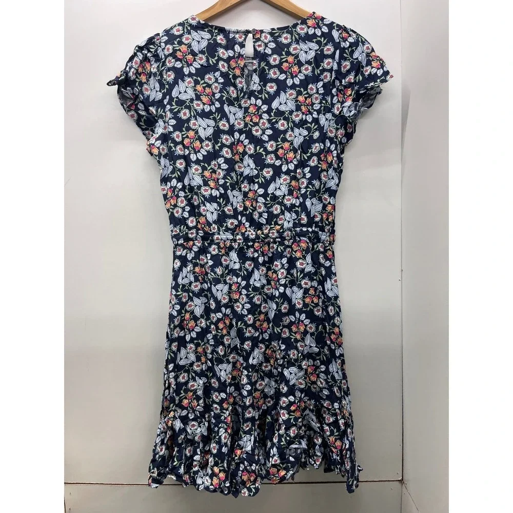 Loft‎ Navy Blue Floral Ruffle Hem Mini Dress Short Sleeve Drawstring Waist Small